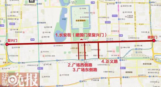 禁行路段: 长安街(建国门至复兴门),广场东,西侧路,正义路(制图 张