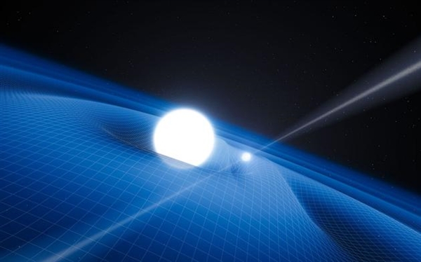 一个脉冲星双星系统及其产生的时空涟漪(引力波)示意图